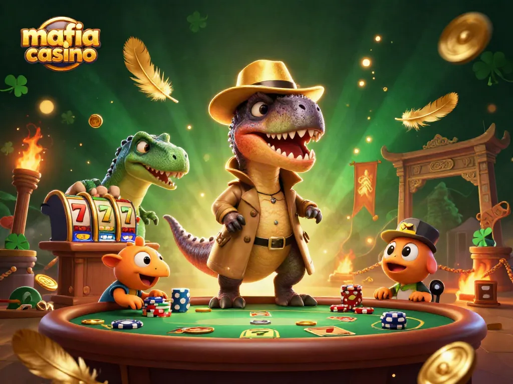 Mafia casino scene with a velociraptor at blackjack, showcasing excitement and strategic play in a vibrant setting.