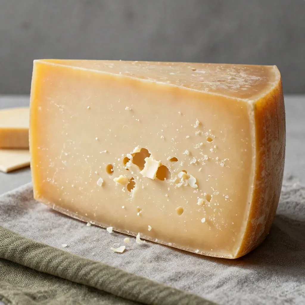 Macro di Parmigiano Reggiano con briciole sospese e luce radente su lino crema.