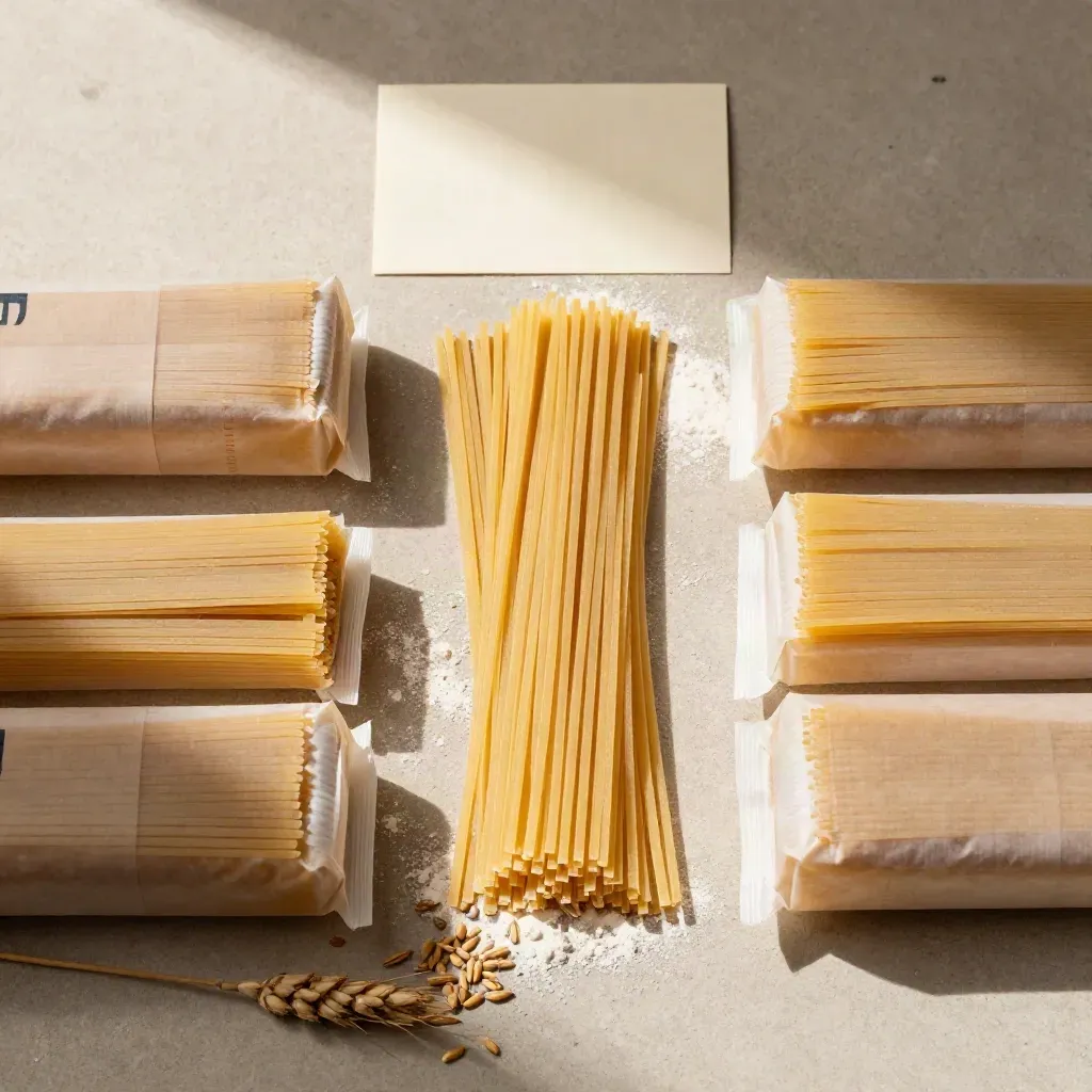 Pacchi di pasta in griglia con farina e chicchi di grano su fondo di cemento chiaro.