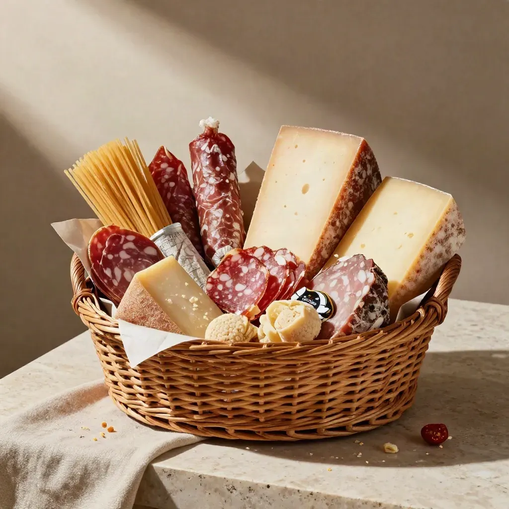 Cesto regalo con salumi, formaggi, pasta e dolci regionali su pietra chiara