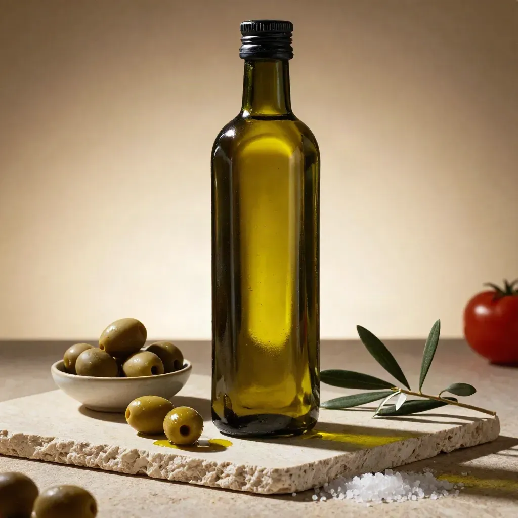 Bottiglia di olio EVO con olive, rami d’ulivo e sale su pietra