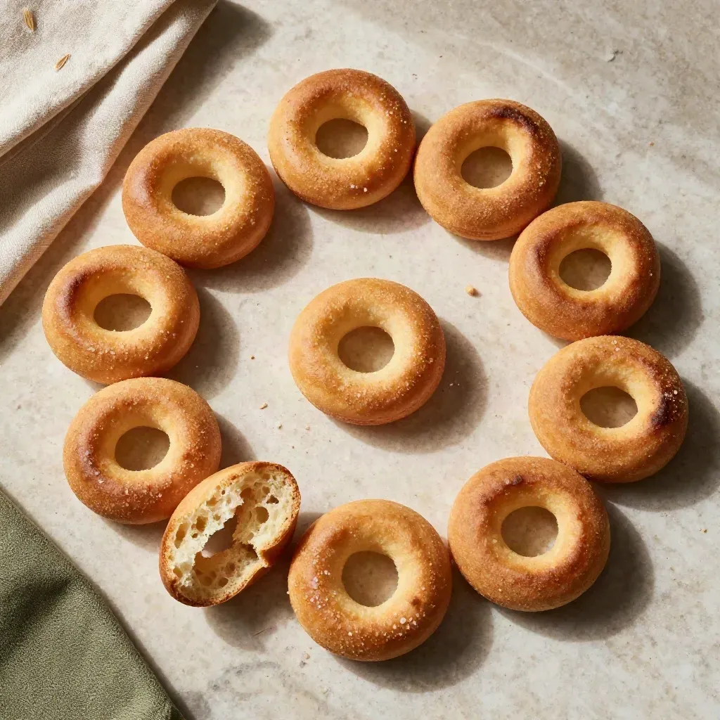 Taralli pugliesi dorati con sale, panno grezzo e accento verde oliva su travertino