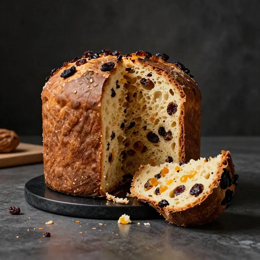 Panettone artigianale alto con una fetta staccata e briciole su fondo scuro