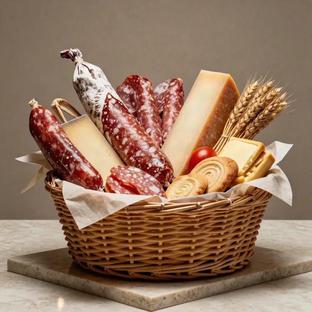 Cesto regalo con salumi, formaggi, pasta e biscotti su pietra chiara, luce drammatica.