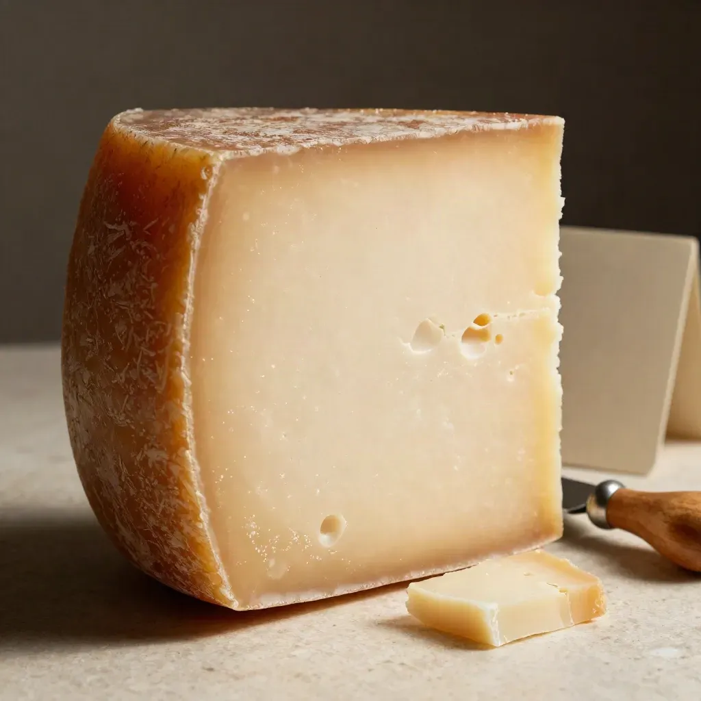 Forma di Pecorino sardo stagionato con scaglia, coltello e luce calda su travertino.