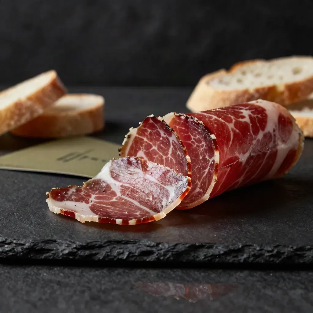 Coppa piacentina affettata con pepe nero e pane su fondo scuro, luce drammatica.