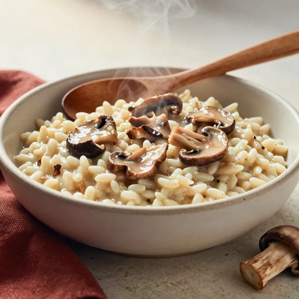 Ciotola di risotto ai funghi con porcini secchi, riso crudo e cucchiaio di legno fumante