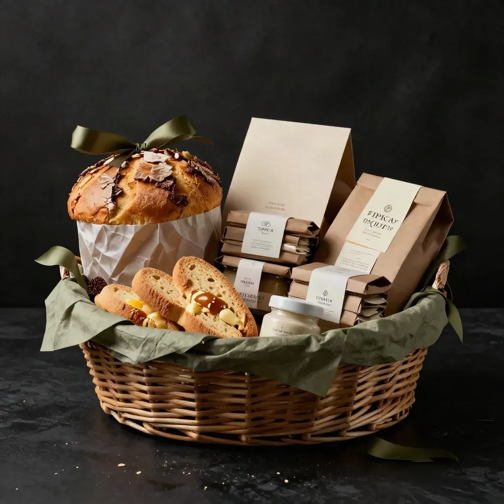 Cesto natalizio con panettone mignon, biscotti, torroncini e creme su sfondo scuro.