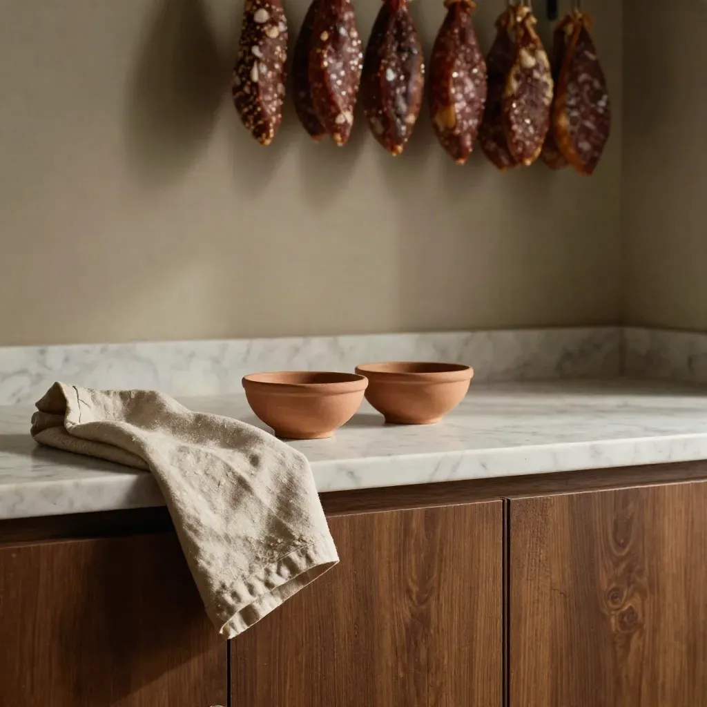 Credenza italiana luminosa con salumi sfocati e ciotole di terracotta su marmo chiaro.