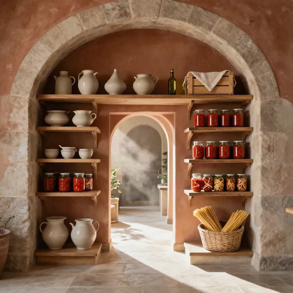 Interno rustico con pasta, sughi e mensole illuminate, sfondo caldo e pulito.
