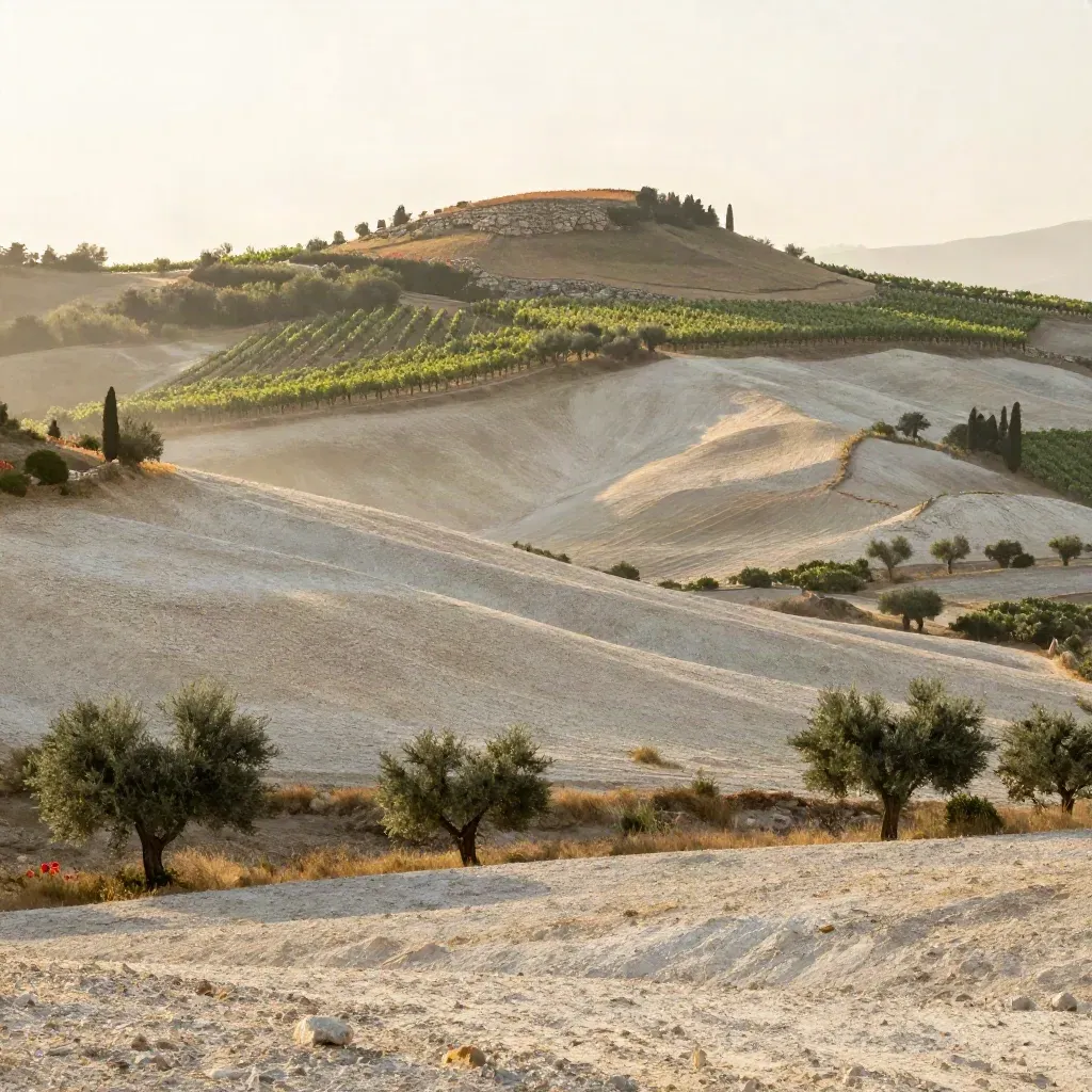 Paesaggio collinare mediterraneo luminoso con siepi, terra chiara e foschia, spazio vuoto per il testo
