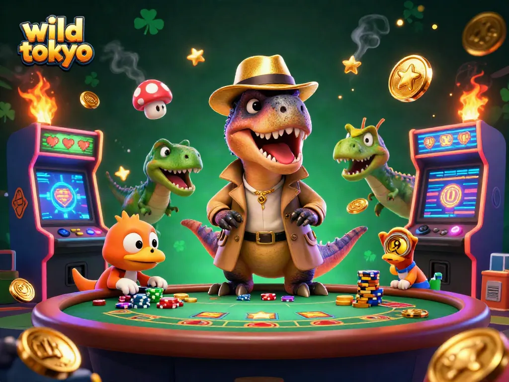Join the wild tokyo action at a thrilling blackjack table with dinosaurs and arcade games!